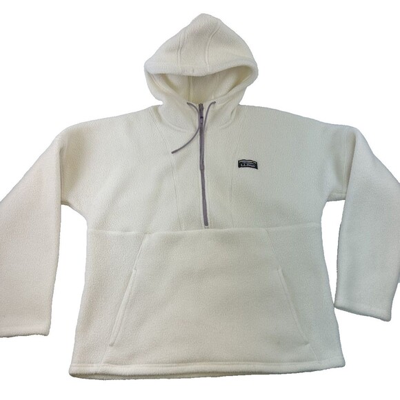 LL Bean Katahdin Fleece Half-Zip Hoodie Cream Sherpa Fleece 511655 Womens Medium - Picture 1 of 13